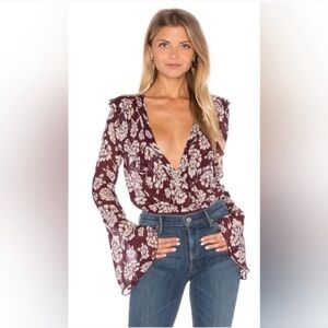 Band of Gypsies Maroon Floral Bell Sleeve Blouse